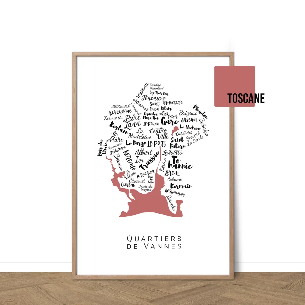 Affiche de Vannes avec les noms des quartiers personnalisable - Affichéo