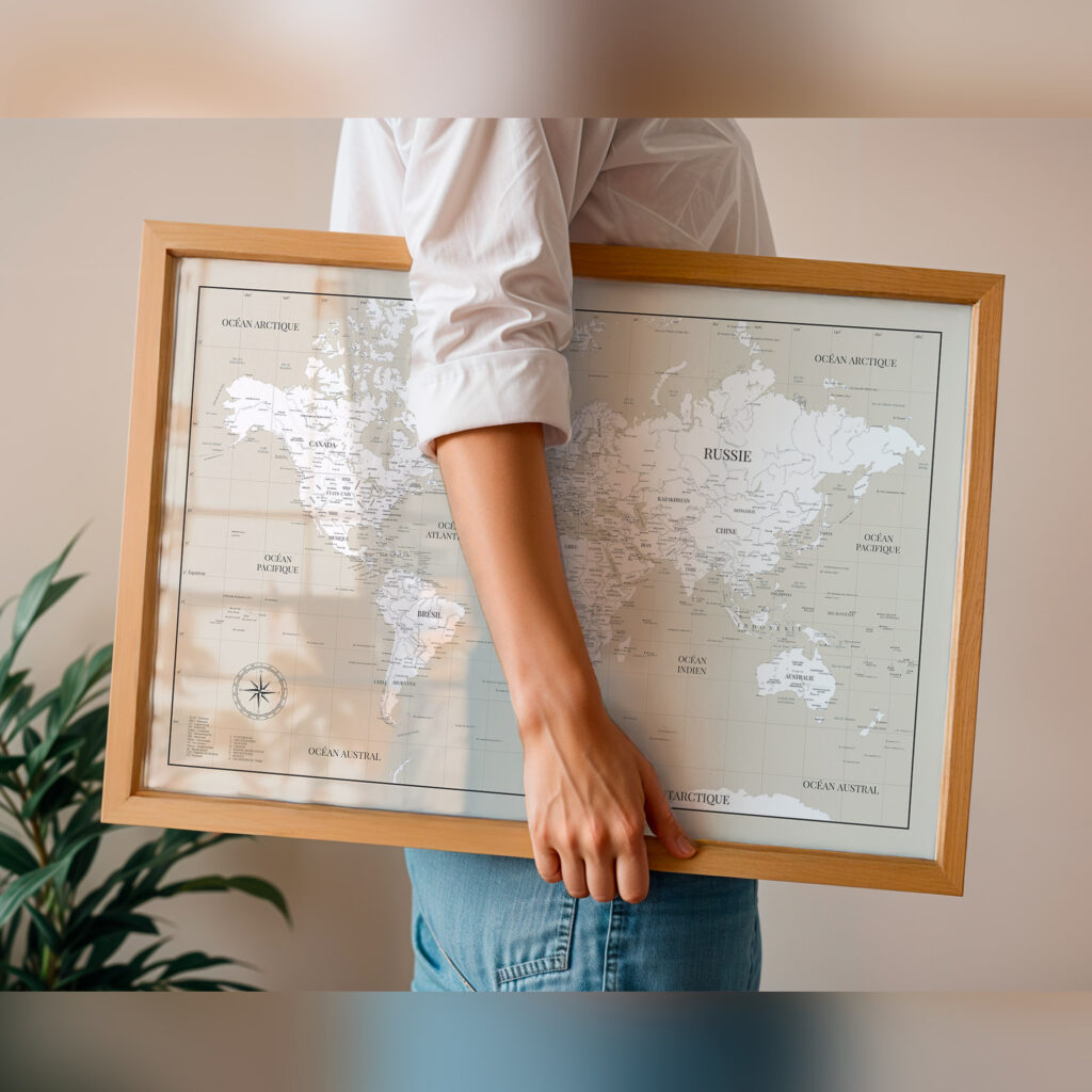 Carte du monde beige encadrée