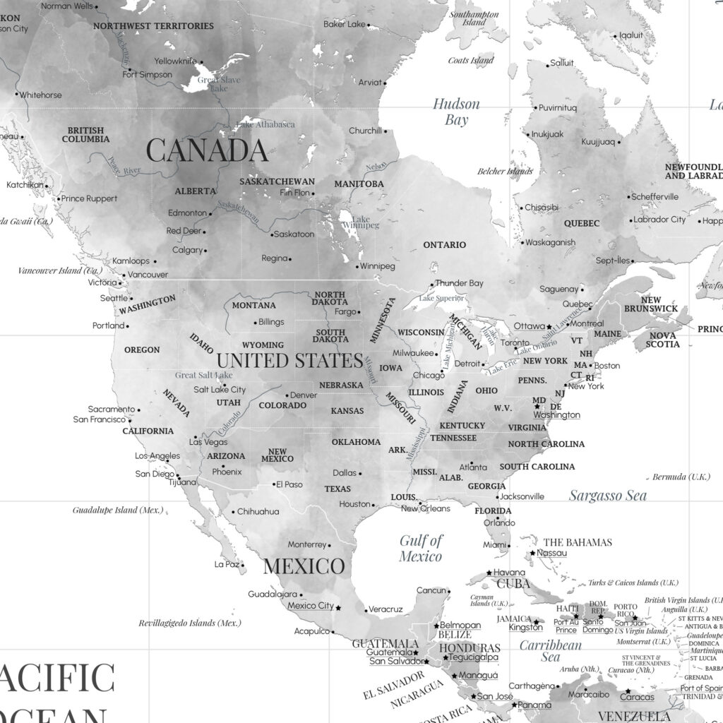 Carte du monde noir et blanc en anglais - Zoom sur l'Amérique du Nord