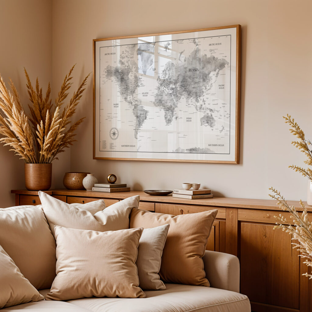 Carte du monde noir et blanc encadrée au mur dans un salon