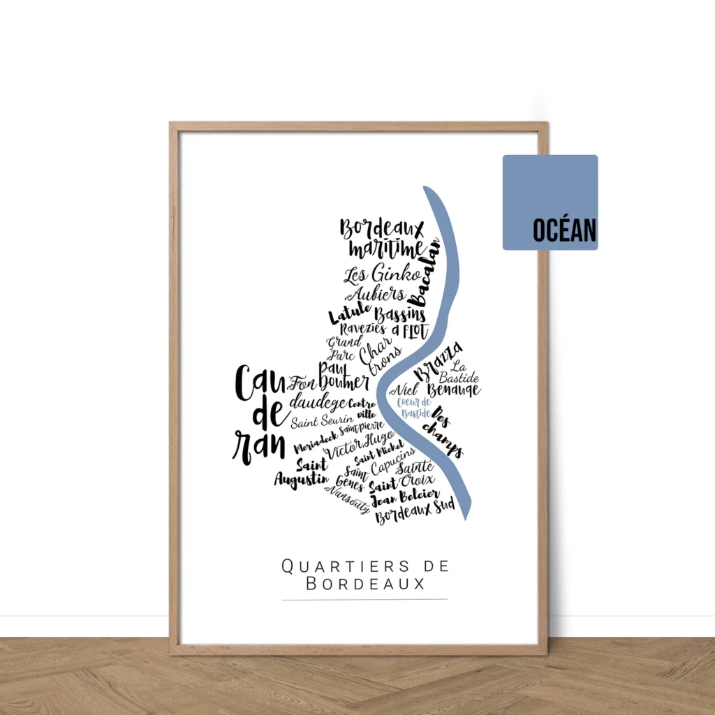 Affiche Bordeaux avec les noms des quartiers personnalisable - Affichéo