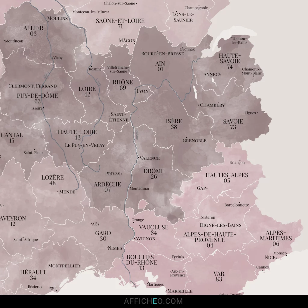 Carte de France des départements camaieu de rose aquarelle
