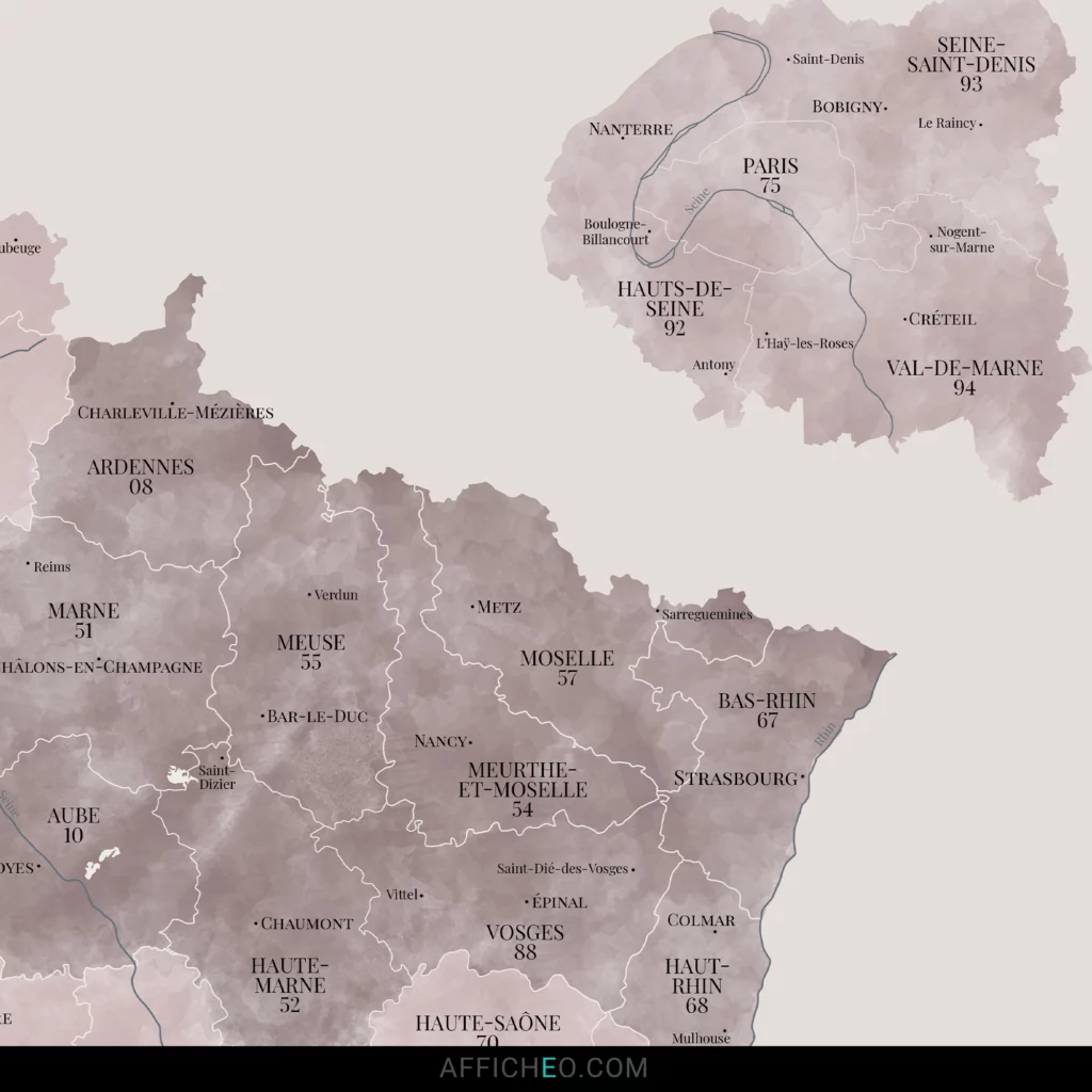 Carte de France des départements camaieu de rose aquarelle