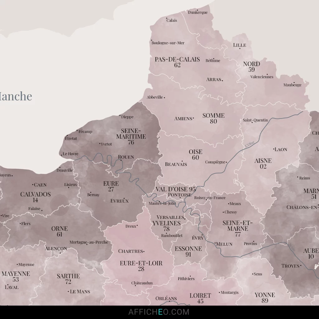 Carte de France des départements camaieu de rose aquarelle