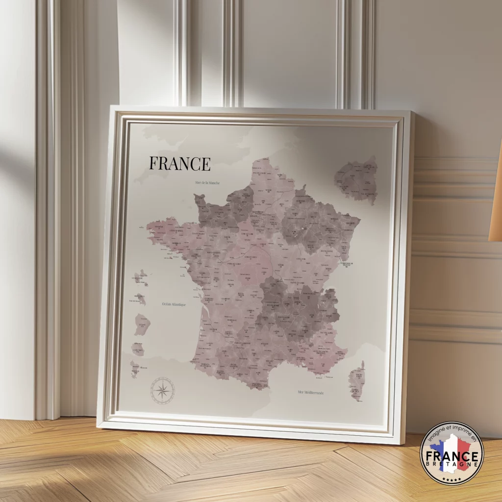 Carte de France des départements camaieu de rose aquarelle