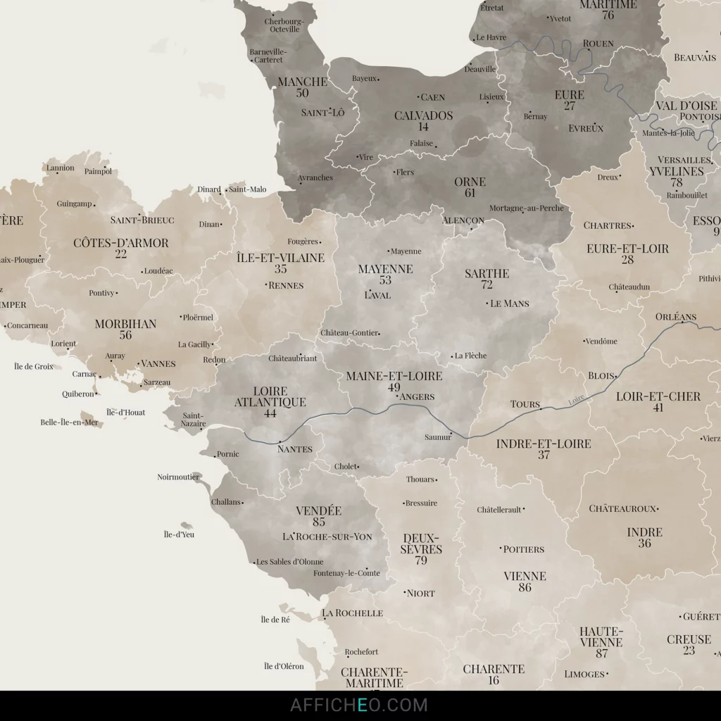 Carte de France des départements beige aquarelle