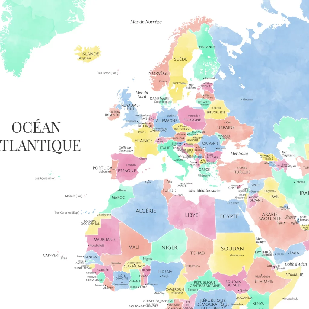 Carte du monde colorée - Zoom sur l'Europe et l'Afrique du Nord