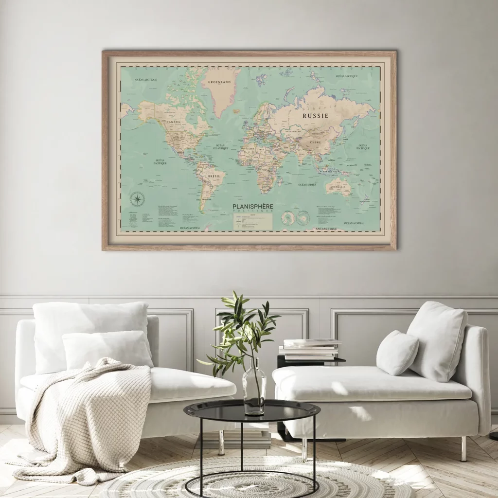Carte du monde avec les reliefs encadrée dans un salon
