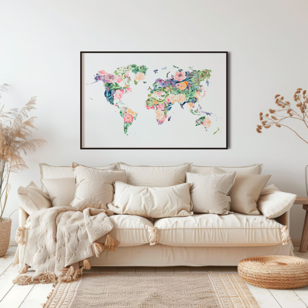 Affiche décorative bohème dans un salon cozy