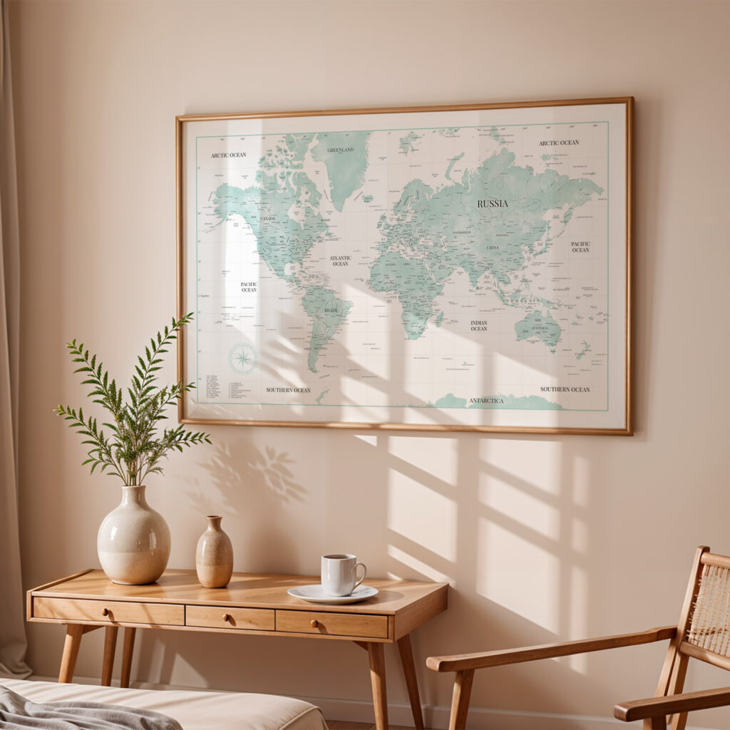 Carte du monde encadrée accrochée sur le mur d'une chambre