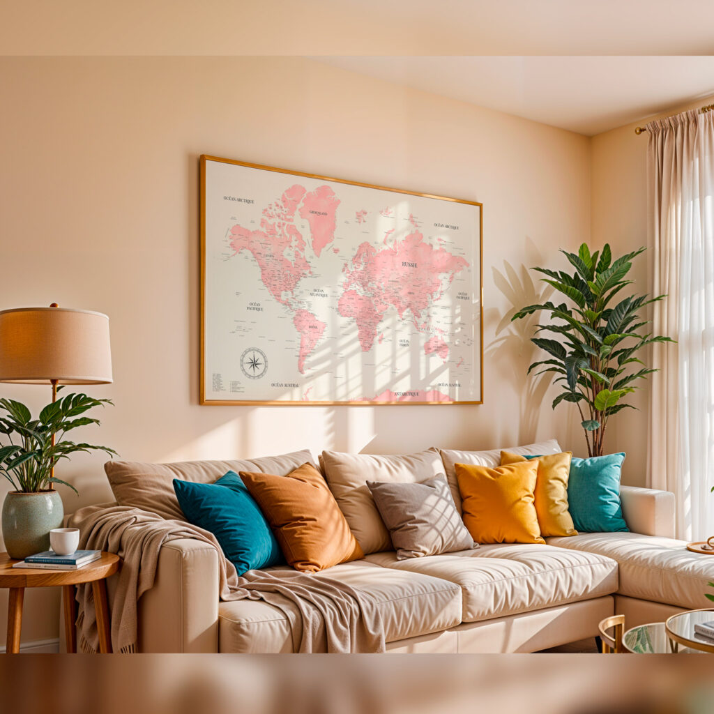 Carte du monde accrochée au mur d'un salon