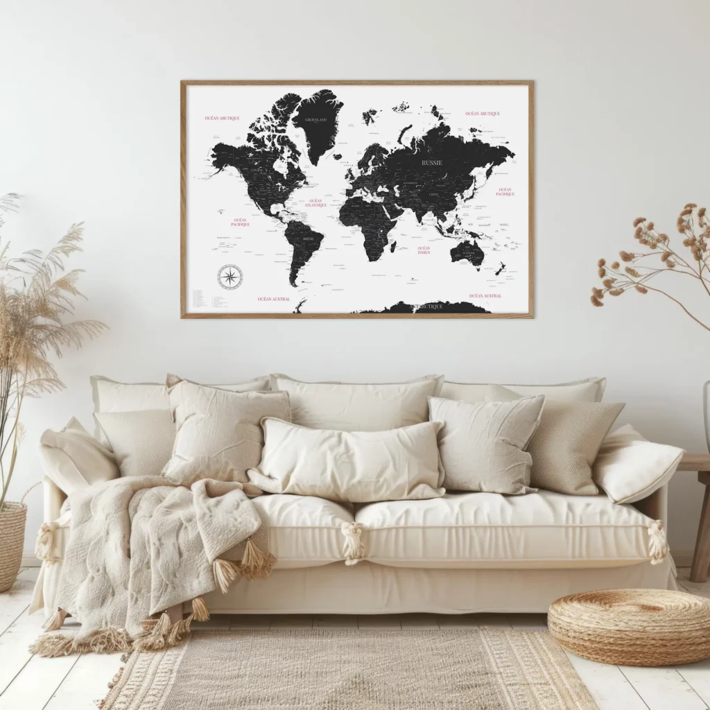 Affiche carte du monde encadrée au dessus d'un canapé