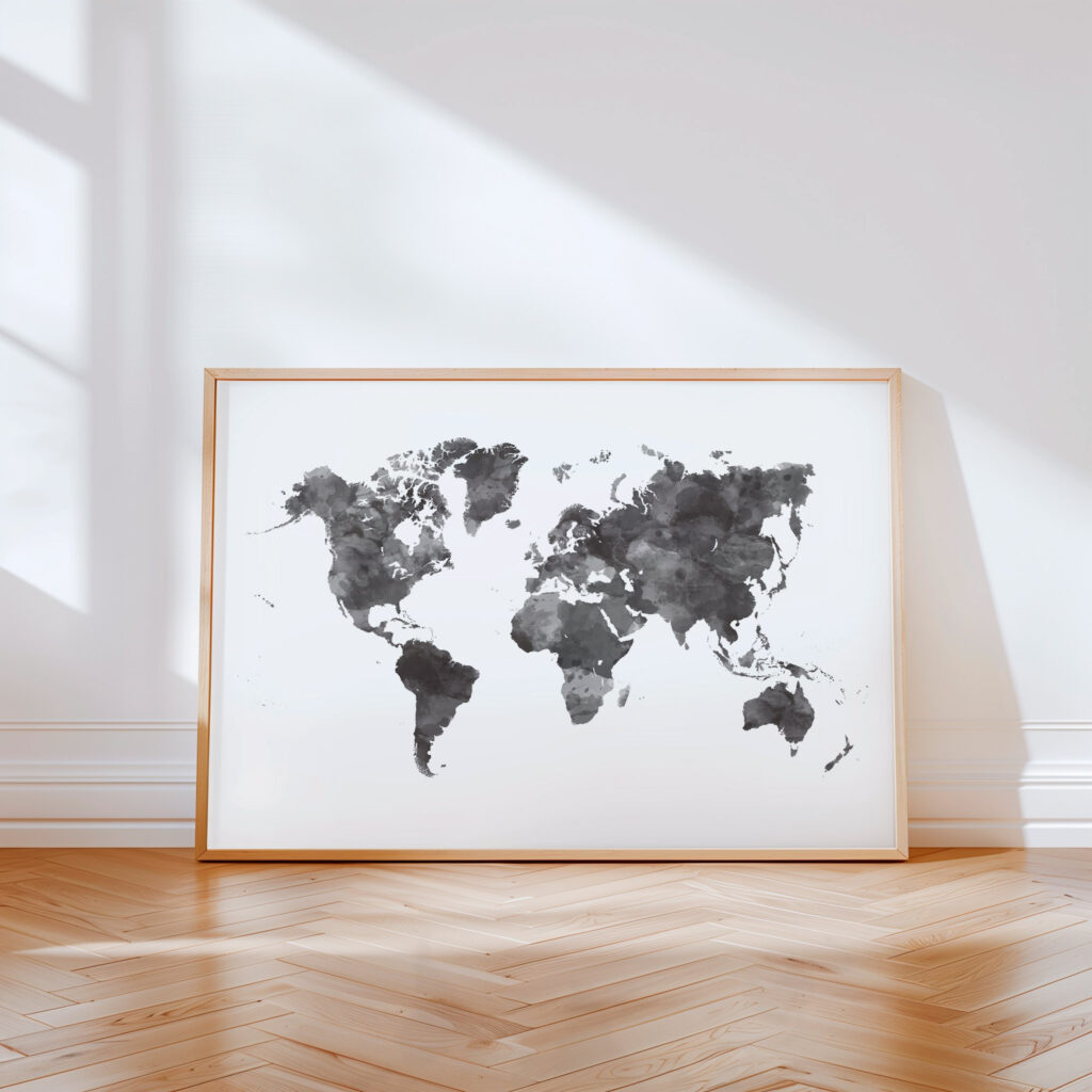 Carte du monde minimaliste noir et blanc encadrée