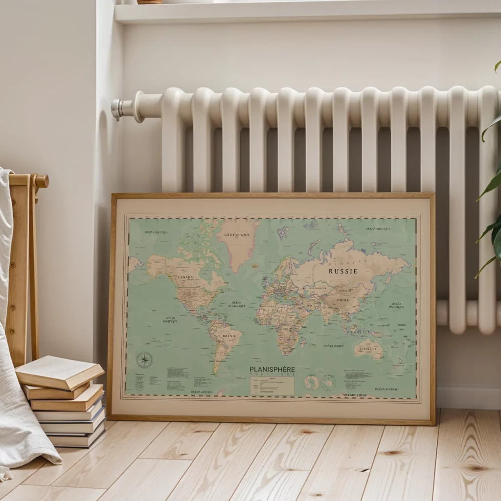 Carte du monde avec les reliefs encadrée dans un salon