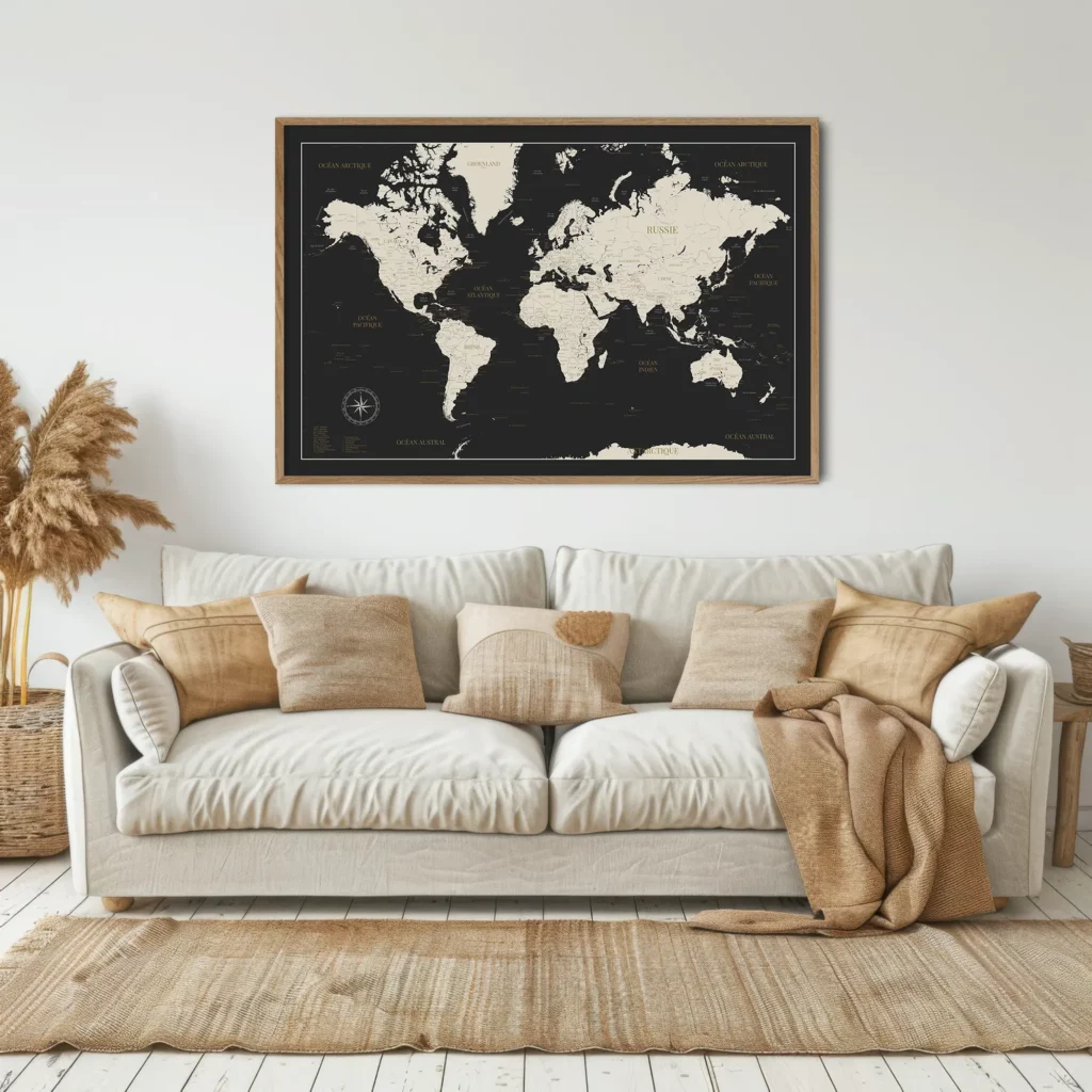 Carte du monde sombre encadrée au mur d'un salon
