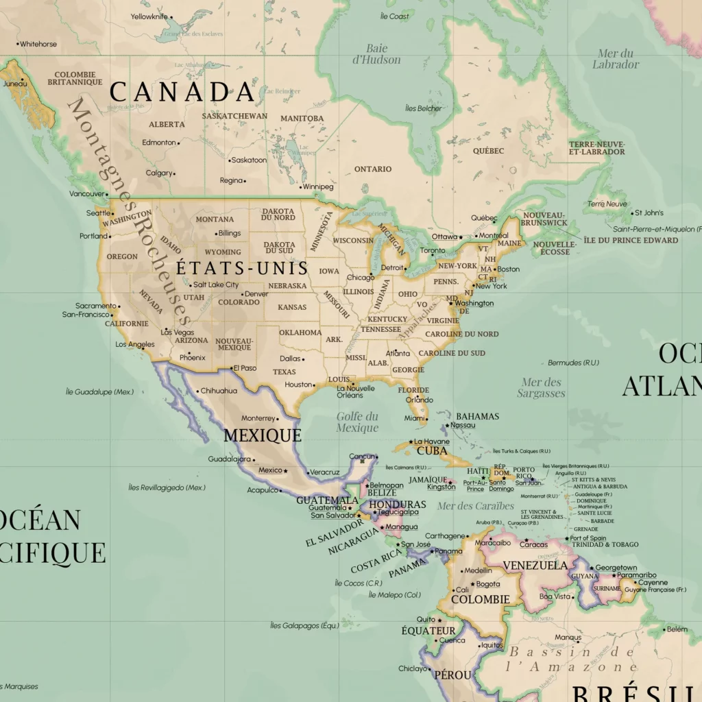 Carte du monde - Zoom sur l'Amérique du Nord