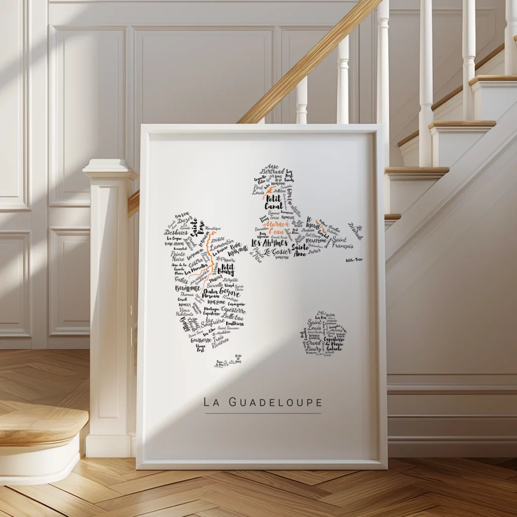 Affiche de La Guadeloupe avec les noms des quartiers personnalisable - Affichéo