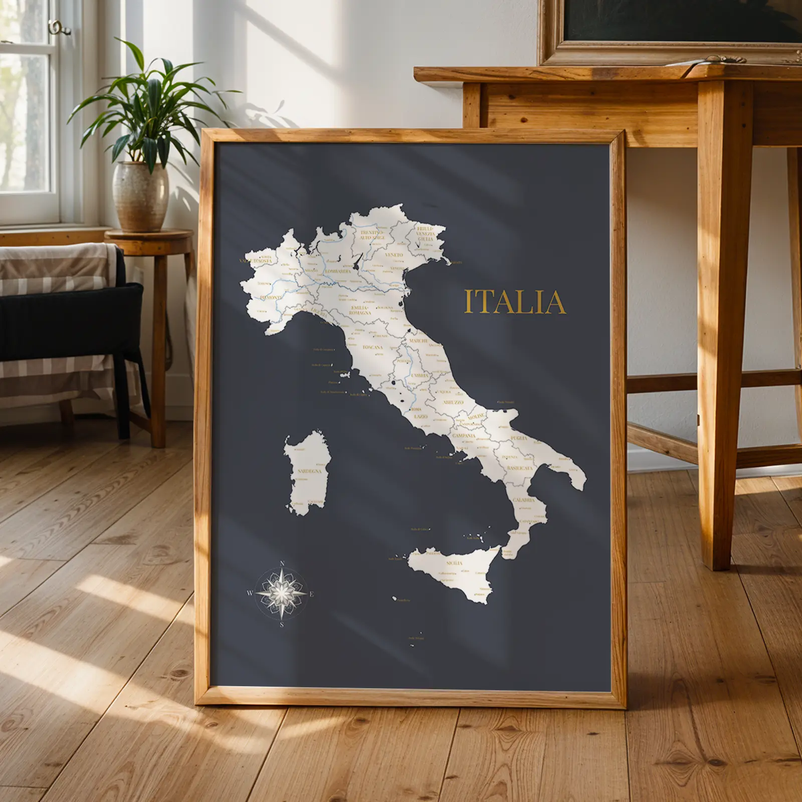 Carte des régions d'Italie, affiche murale bleue et blanche - Affichéo