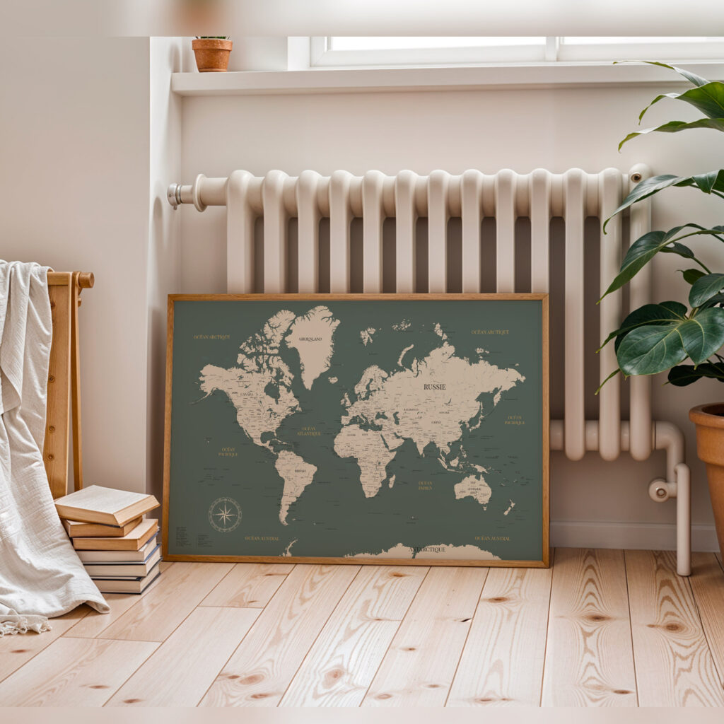 Carte du monde encadrée posée sur le sol devant un radiateur
