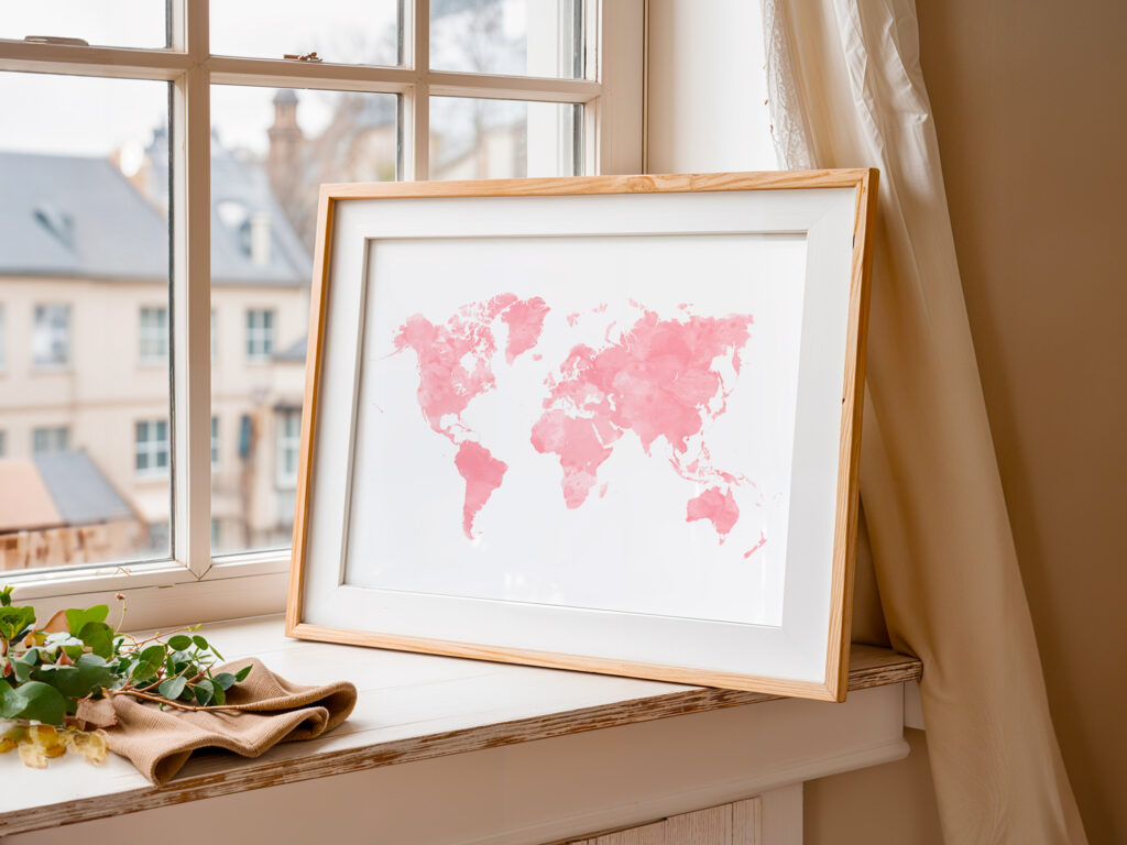 Carte du monde minimaliste rose aquarelle encadrée