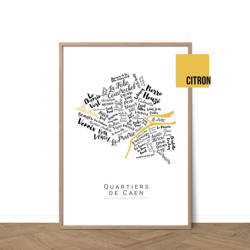 Affiche de Caen avec les noms des quartiers personnalisable - Affichéo