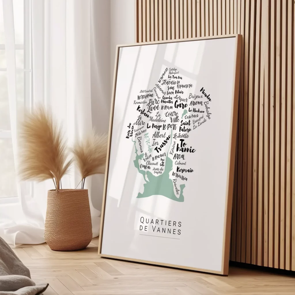Affiche de Vannes avec les noms des quartiers personnalisable - Affichéo