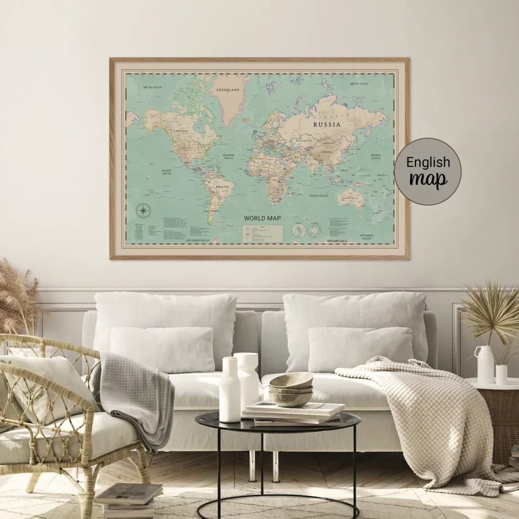 Carte du monde en anglais avec les reliefs encadrée dans un salon