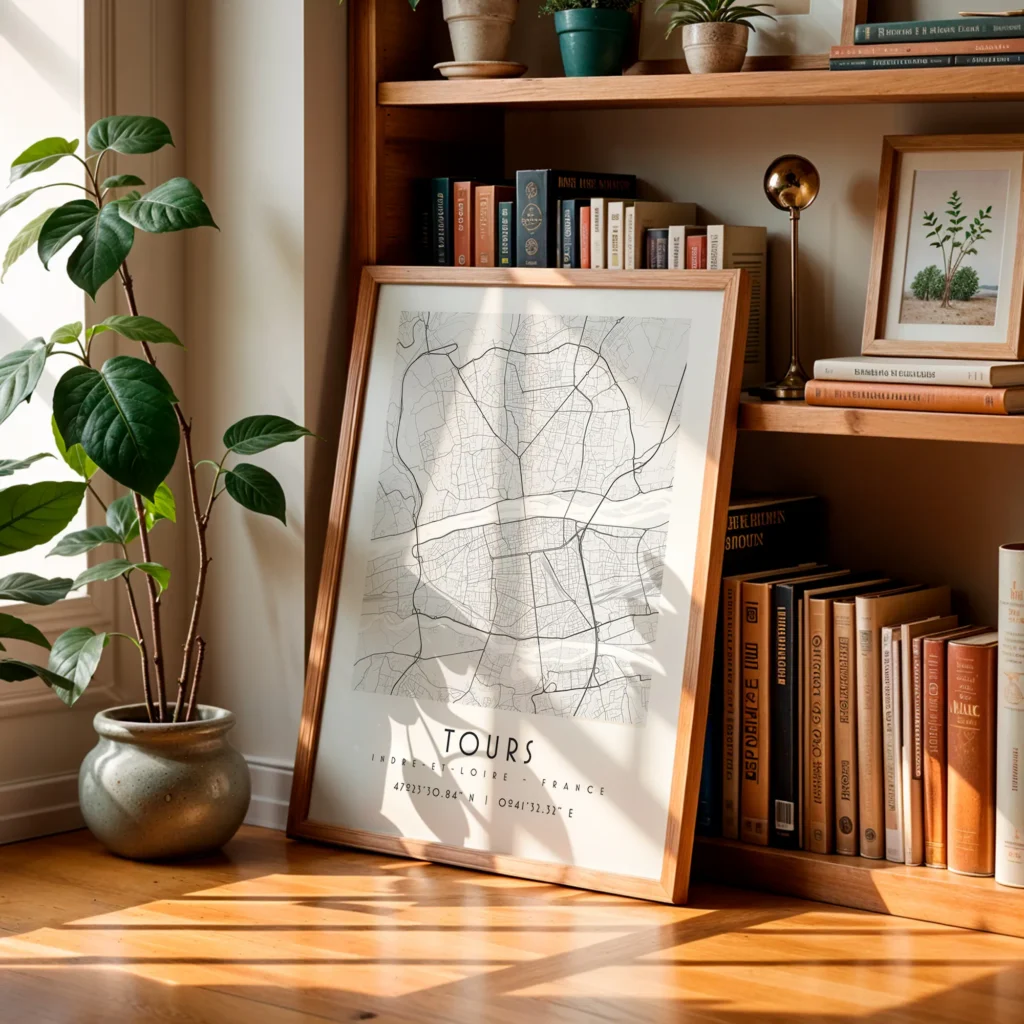 Plan des rues de Tours en noir et blanc encadrée et posée au sol