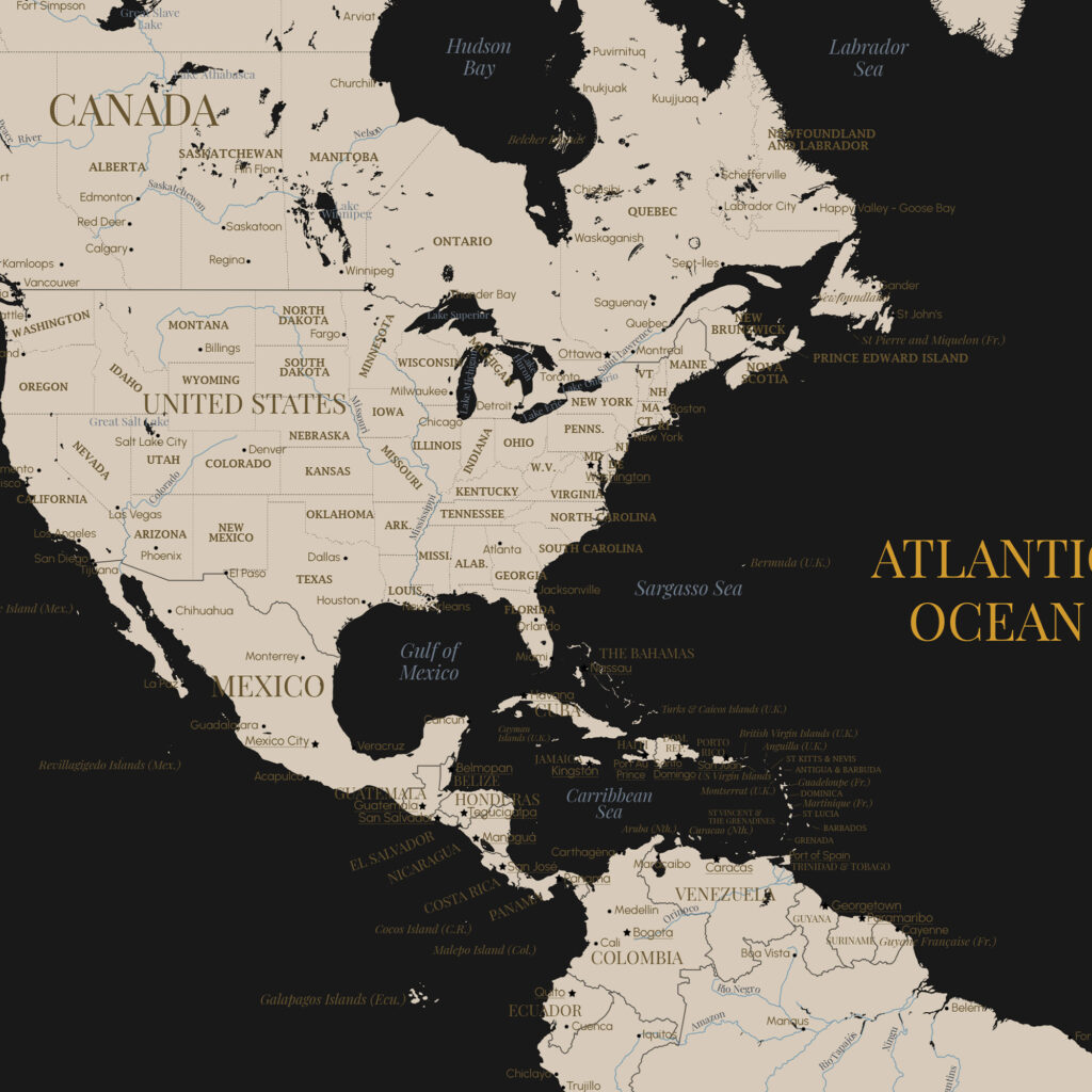 Affiche carte du monde noir feutré - Zoom sur l'Amérique du nord - Affichéo