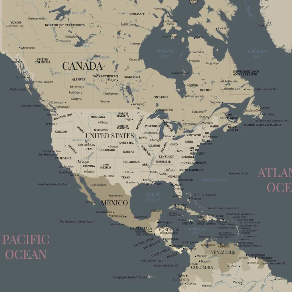 Affiche carte du monde bleu océan, zoom sur l'Amérique du Nord - Affichéo