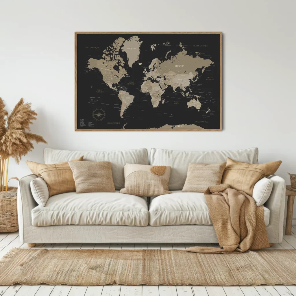 Affiche carte du monde design moderne et accrochée dans un salon - Affichéo