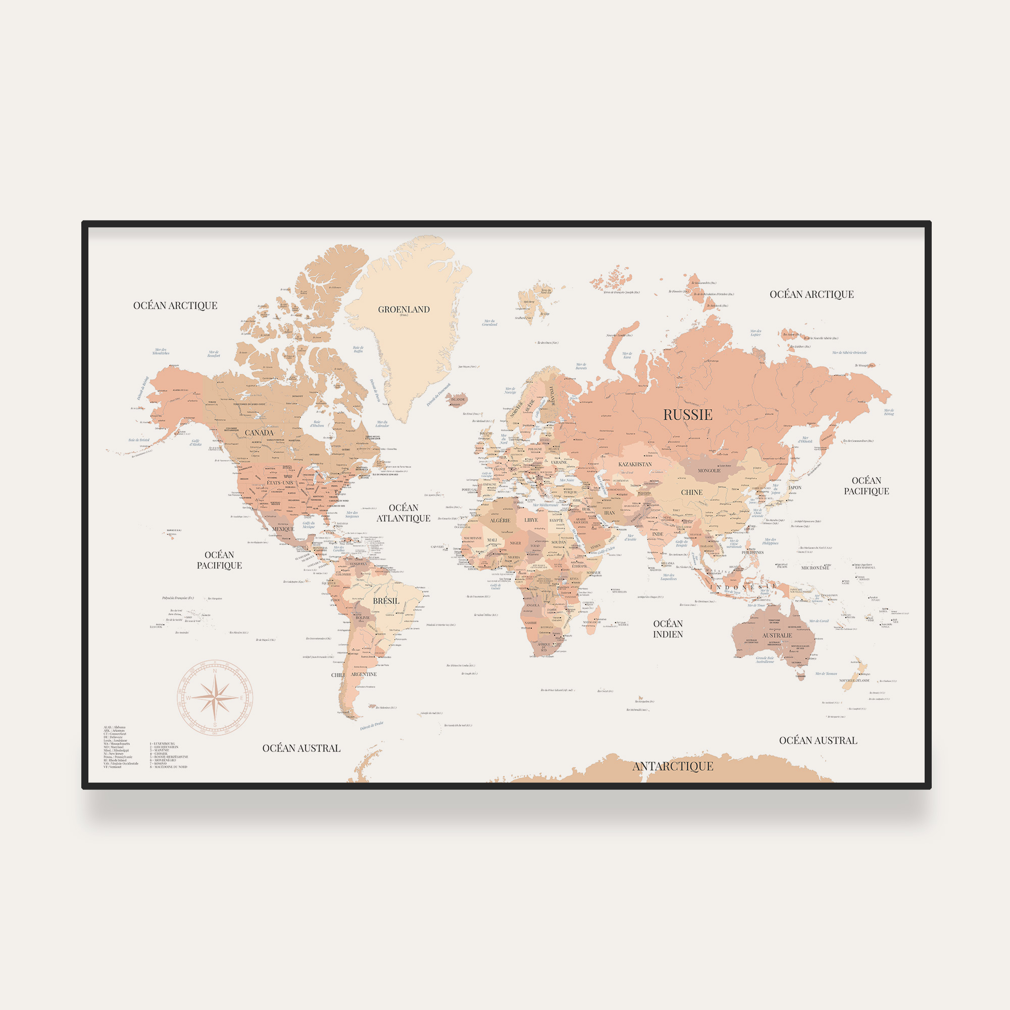 Carte du monde détaillée aux nuances pêche encadrée au mur