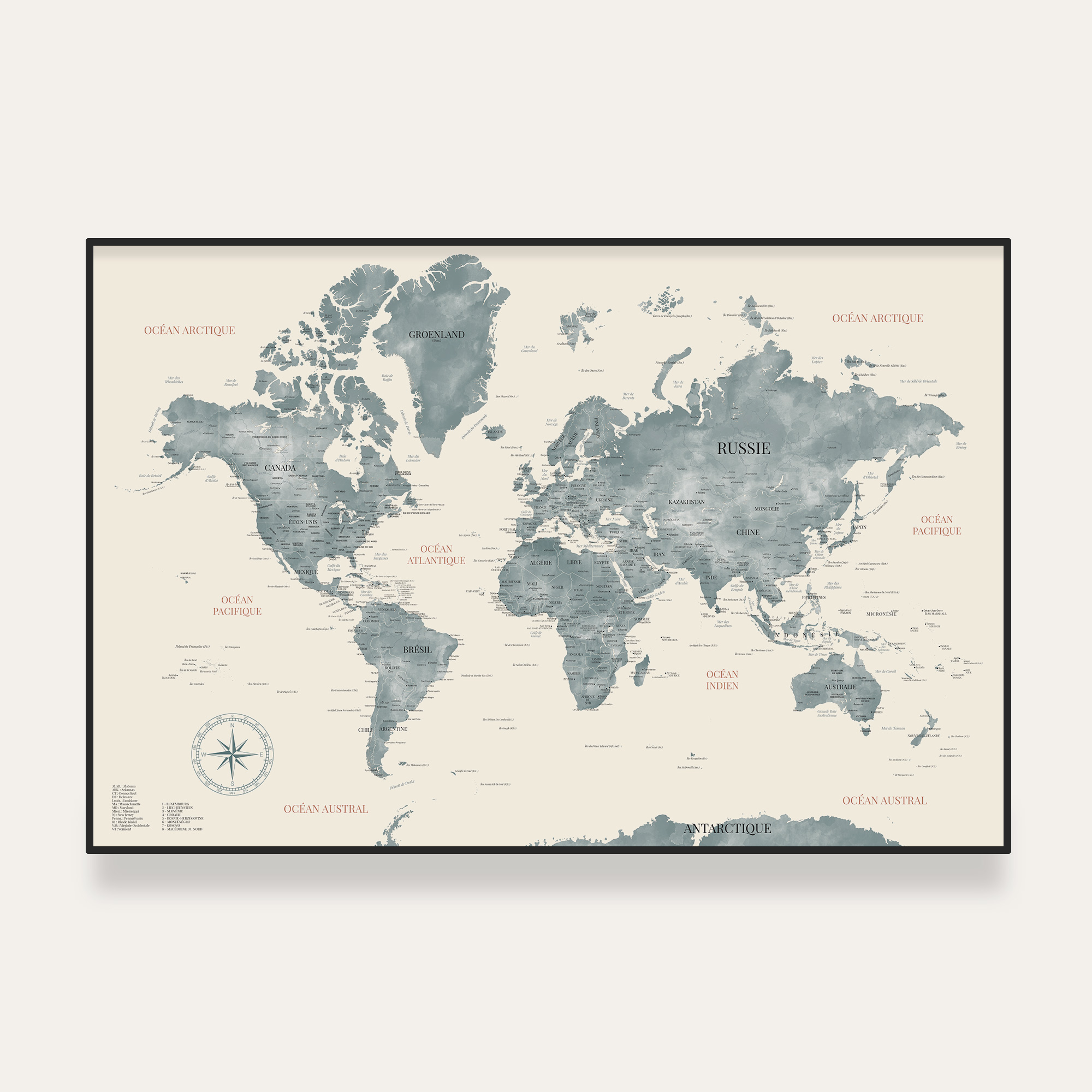 Carte du monde aquarelle bleue sur mur blanc - Affichéo