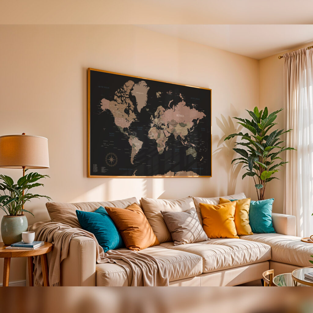 Carte du monde déco encadrée au dessus d'un canapé