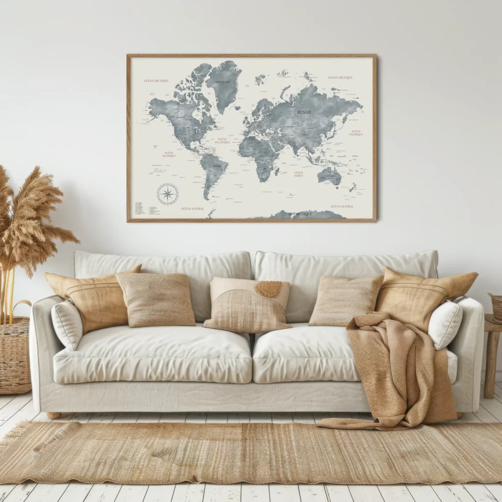 Affiche carte du monde aquarelle bleue encadrée accrochée au dessus d'un canapé - Affichéo