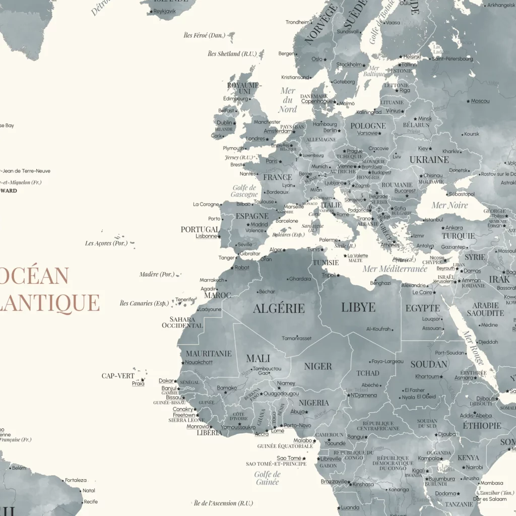 Affiche carte du monde aquarelle bleue - Zoom sur l'Europe - Affichéo