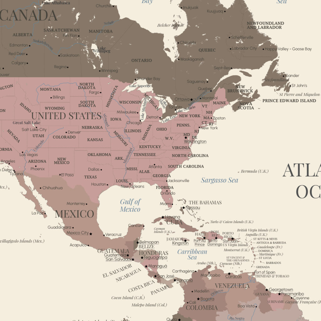 Affiche carte du monde en français - Zoom sur l'Amérique du Nord - Affichéo