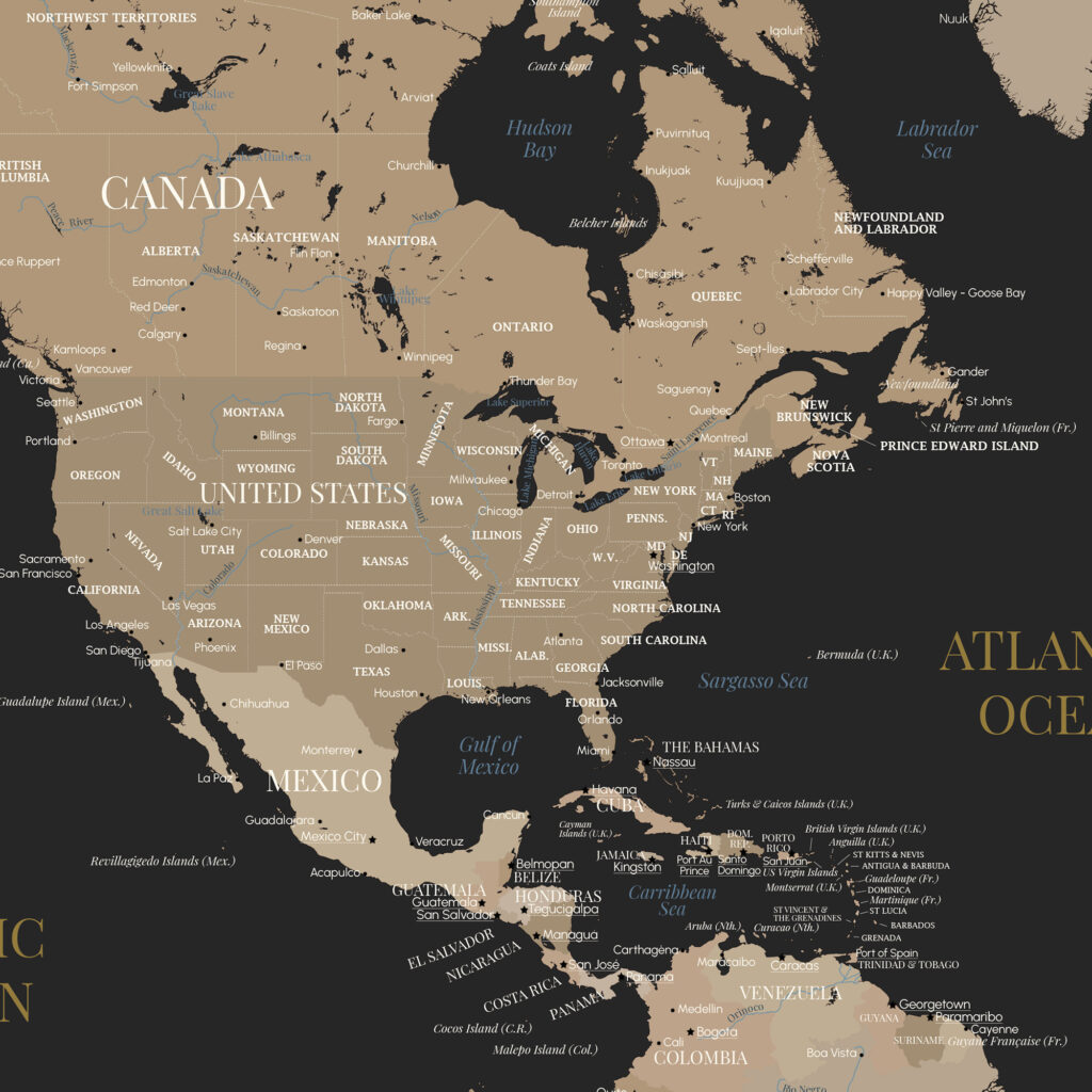 Affiche carte du monde design moderne - Zoom sur l'Amérique du Nord - Affichéo