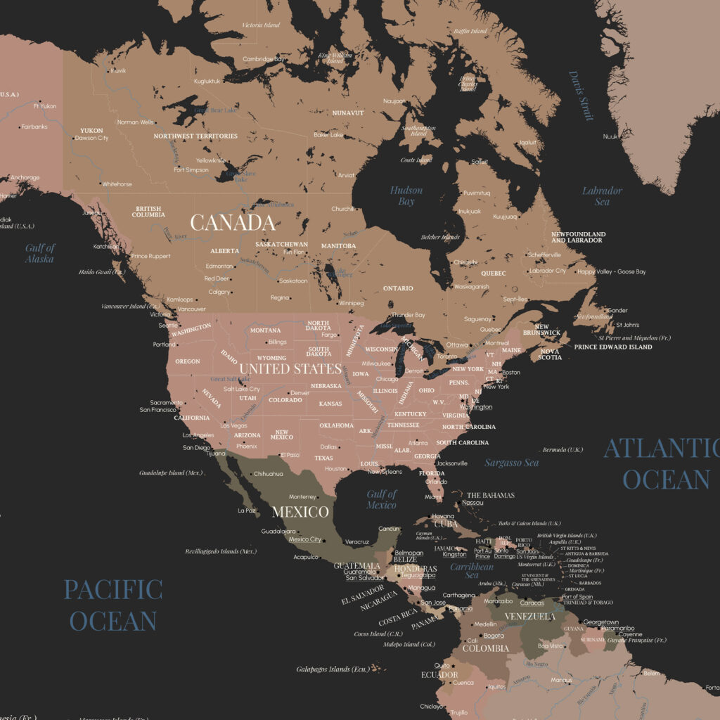 Carte du monde zoom sur l'Amérique du Nord