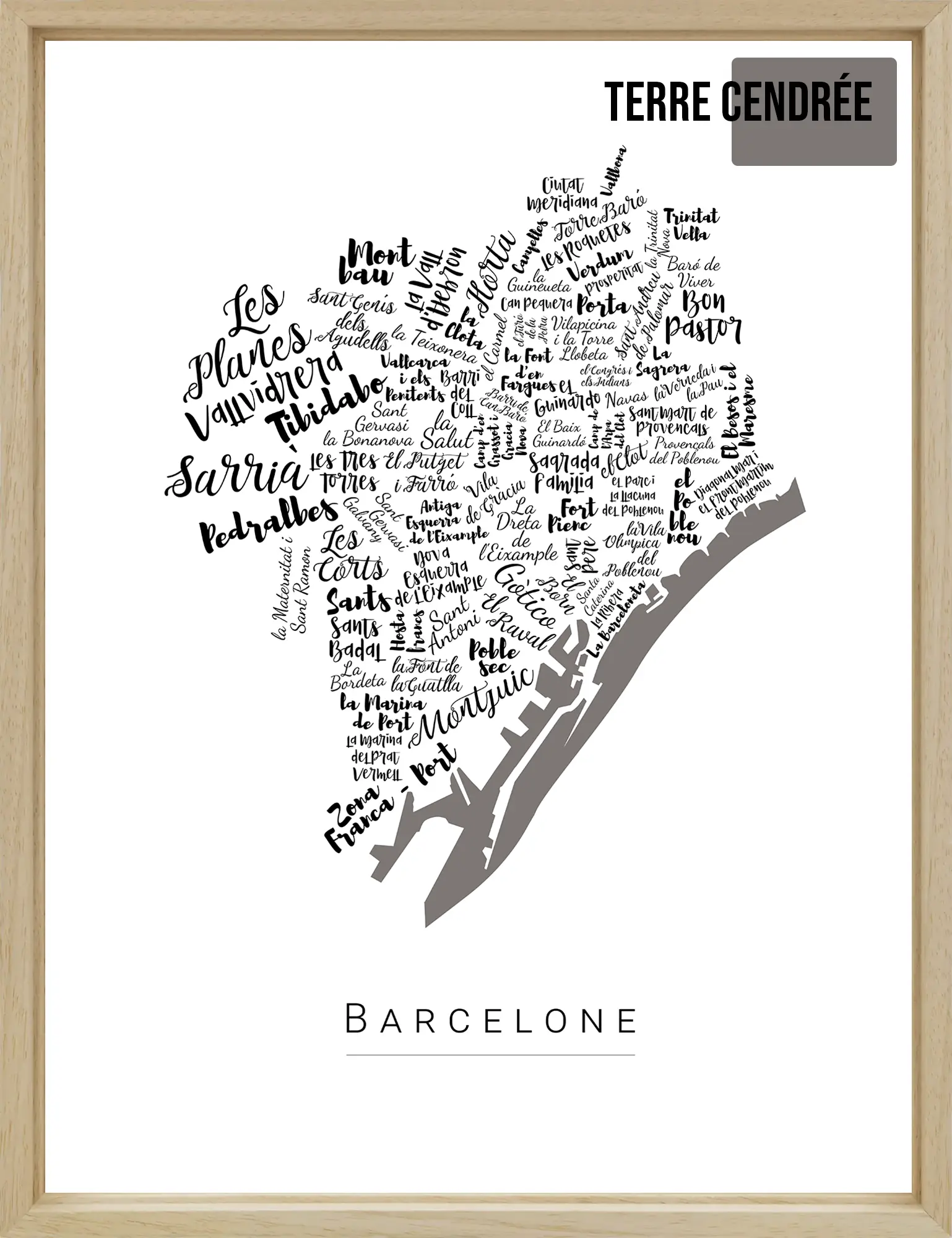 Affiche Barcelone avec les noms des quartiers personnalisée - Affichéo
