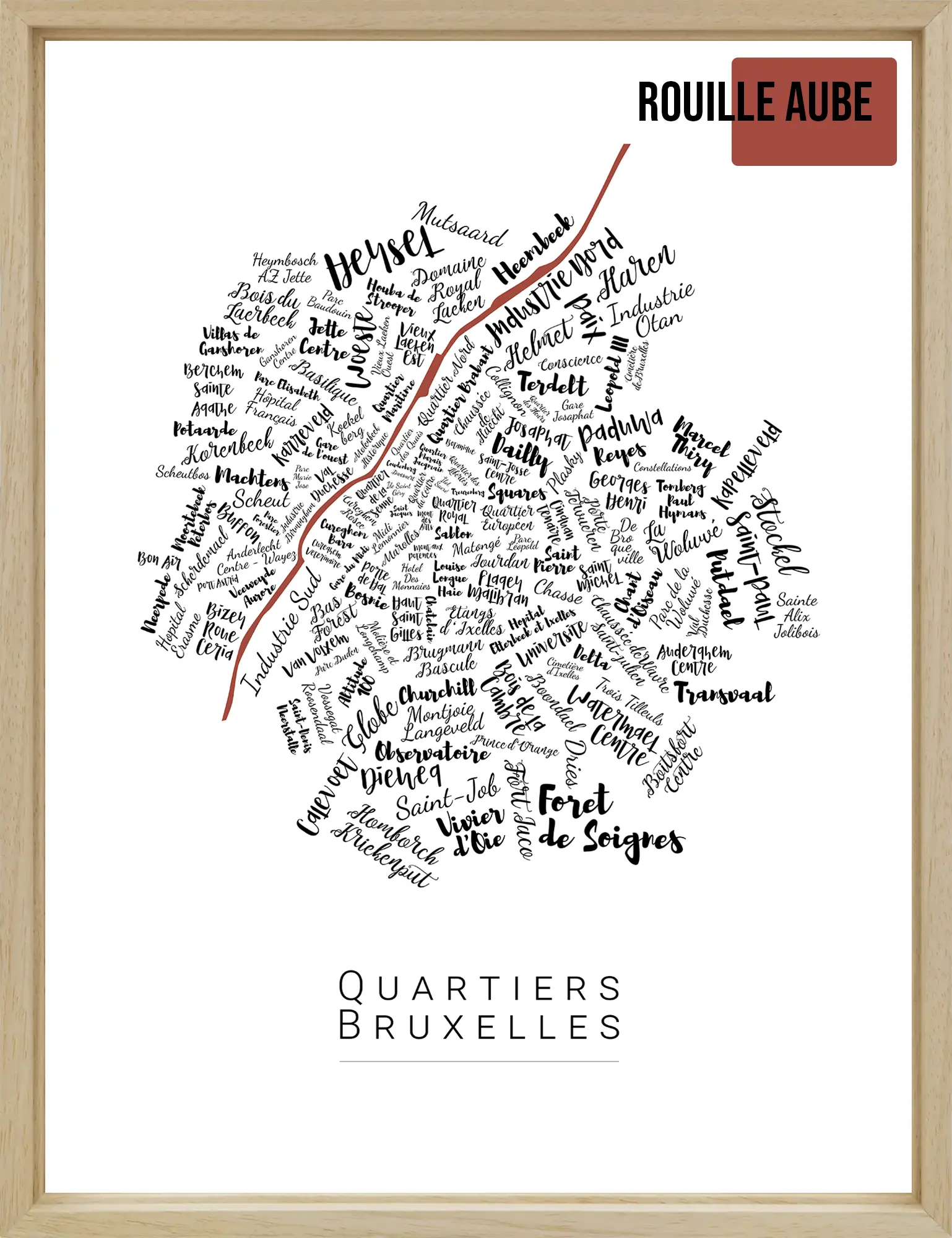 Affiche Bruxelles avec les noms des quartiers personnalisée - Affichéo