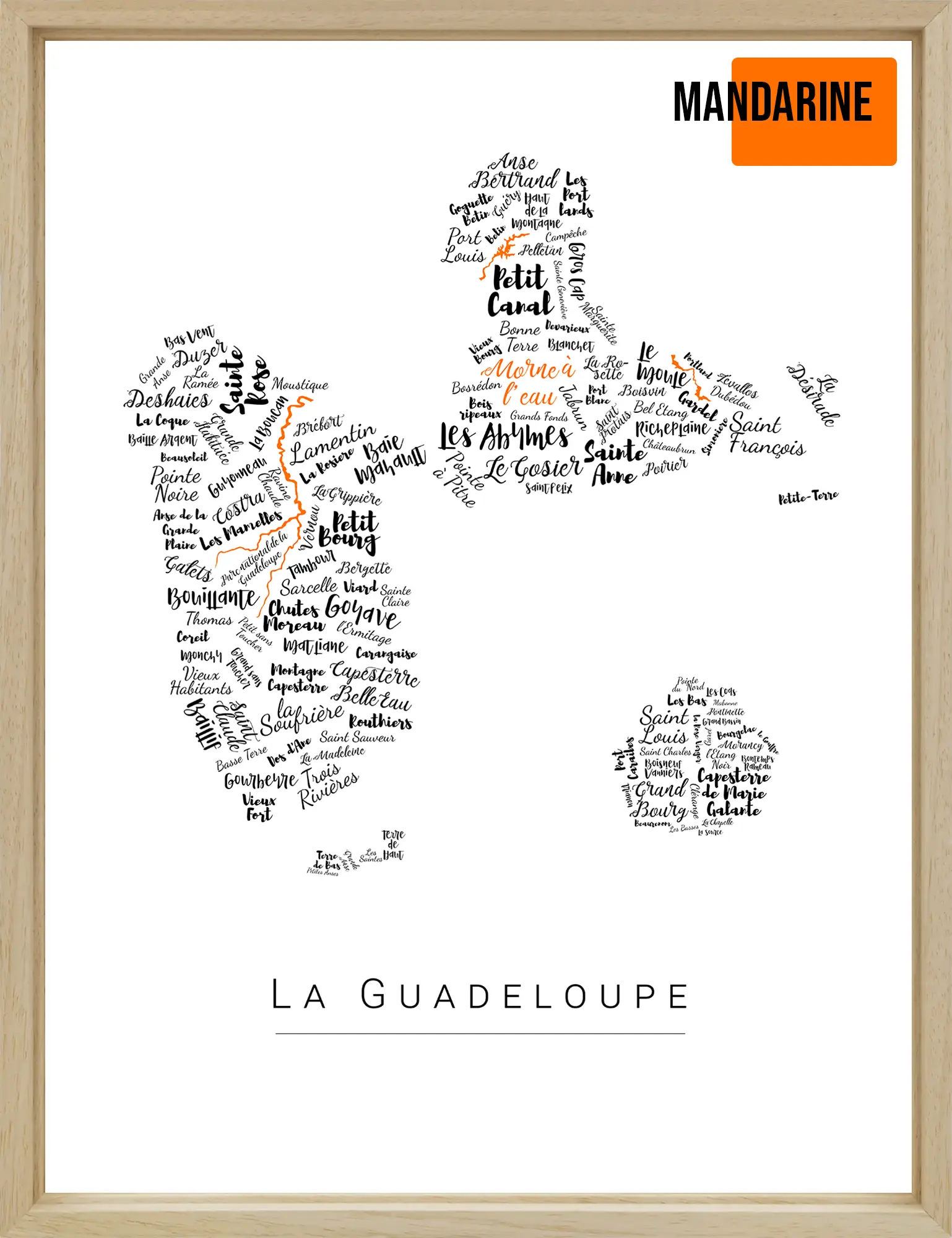 Affiche La Guadeloupe avec les noms des quartiers personnalisée - Affichéo
