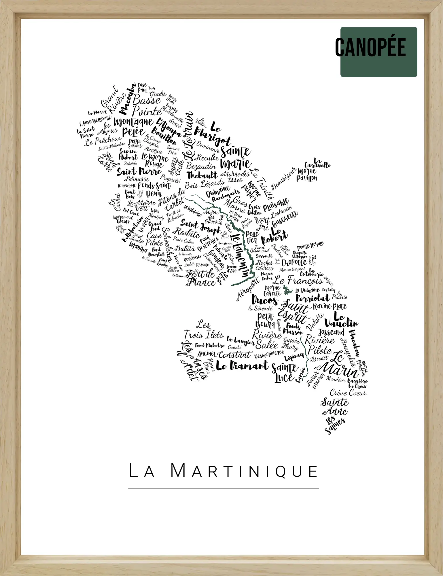 Affiche de la Martinique avec les noms des quartiers personnalisée - Affichéo