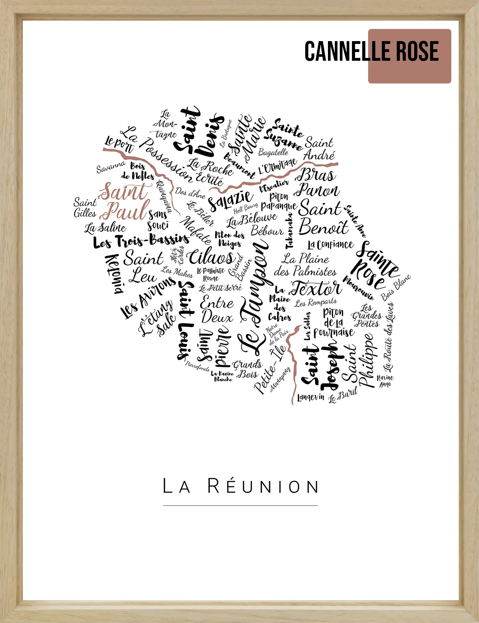 Affiche île de la Réunion avec les noms des quartiers personnalisée - Affichéo