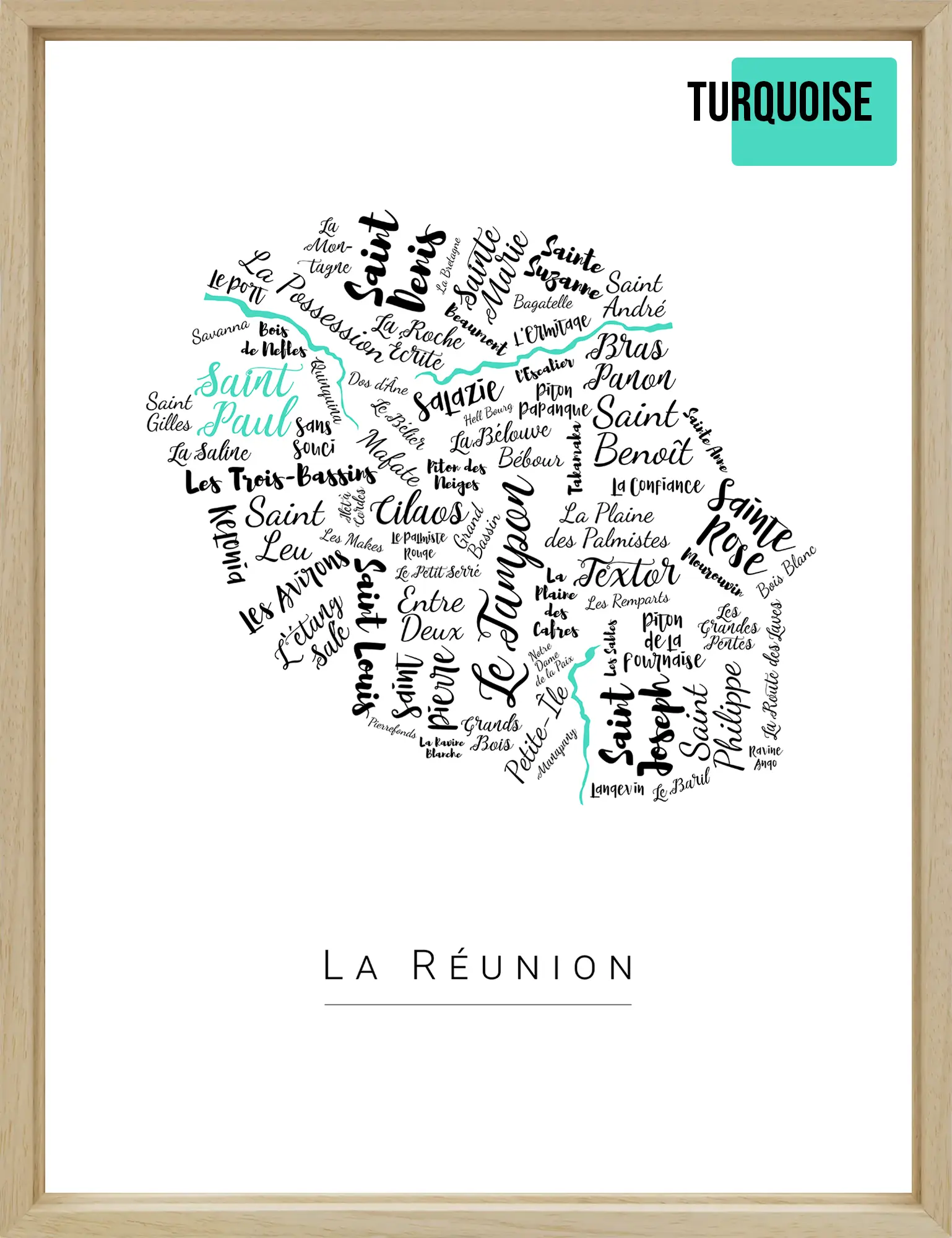 Affiche La Réunion avec les noms des quartiers personnalisée - Affichéo
