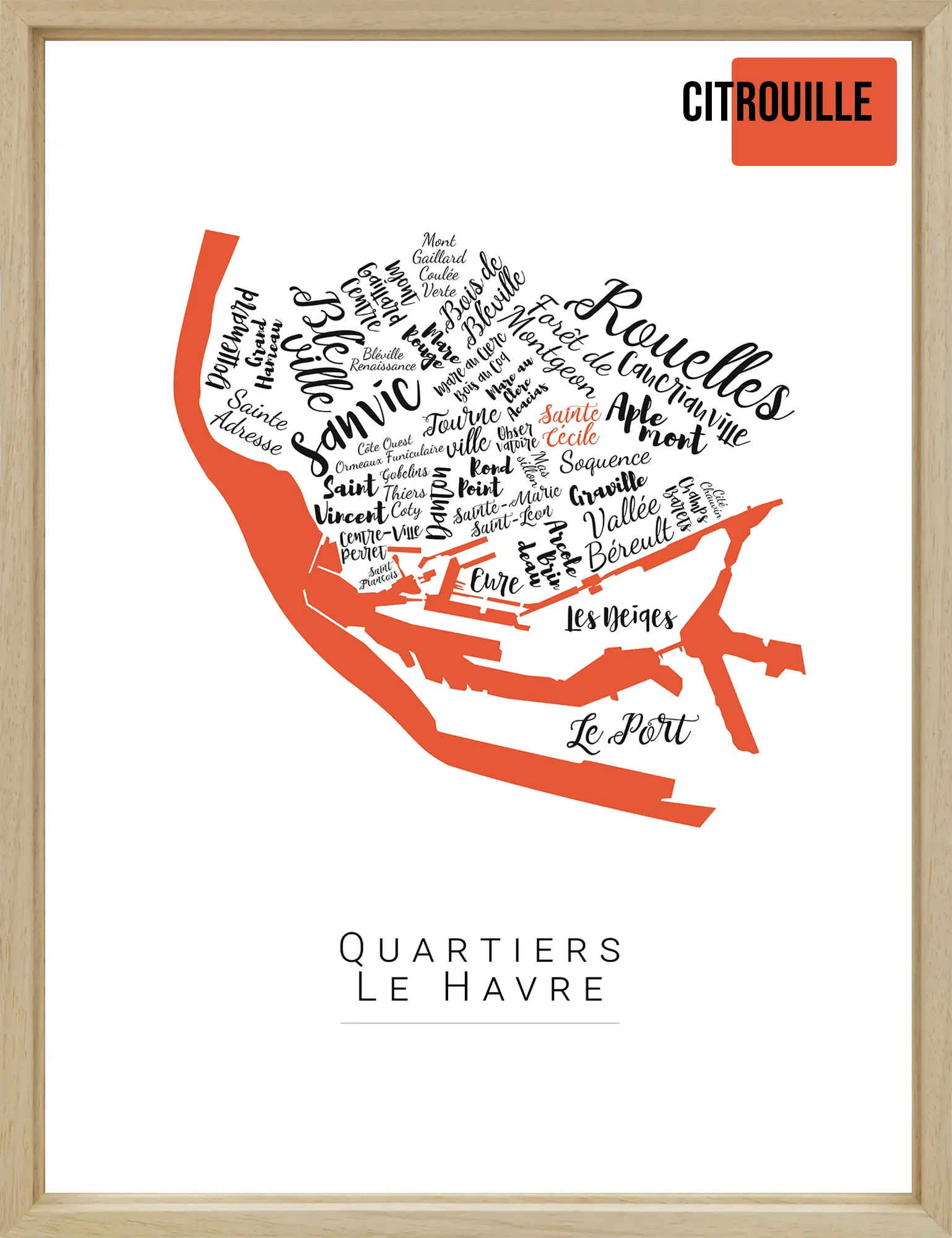 Affiche Le Havre avec les noms des quartiers personnalisée - Affichéo