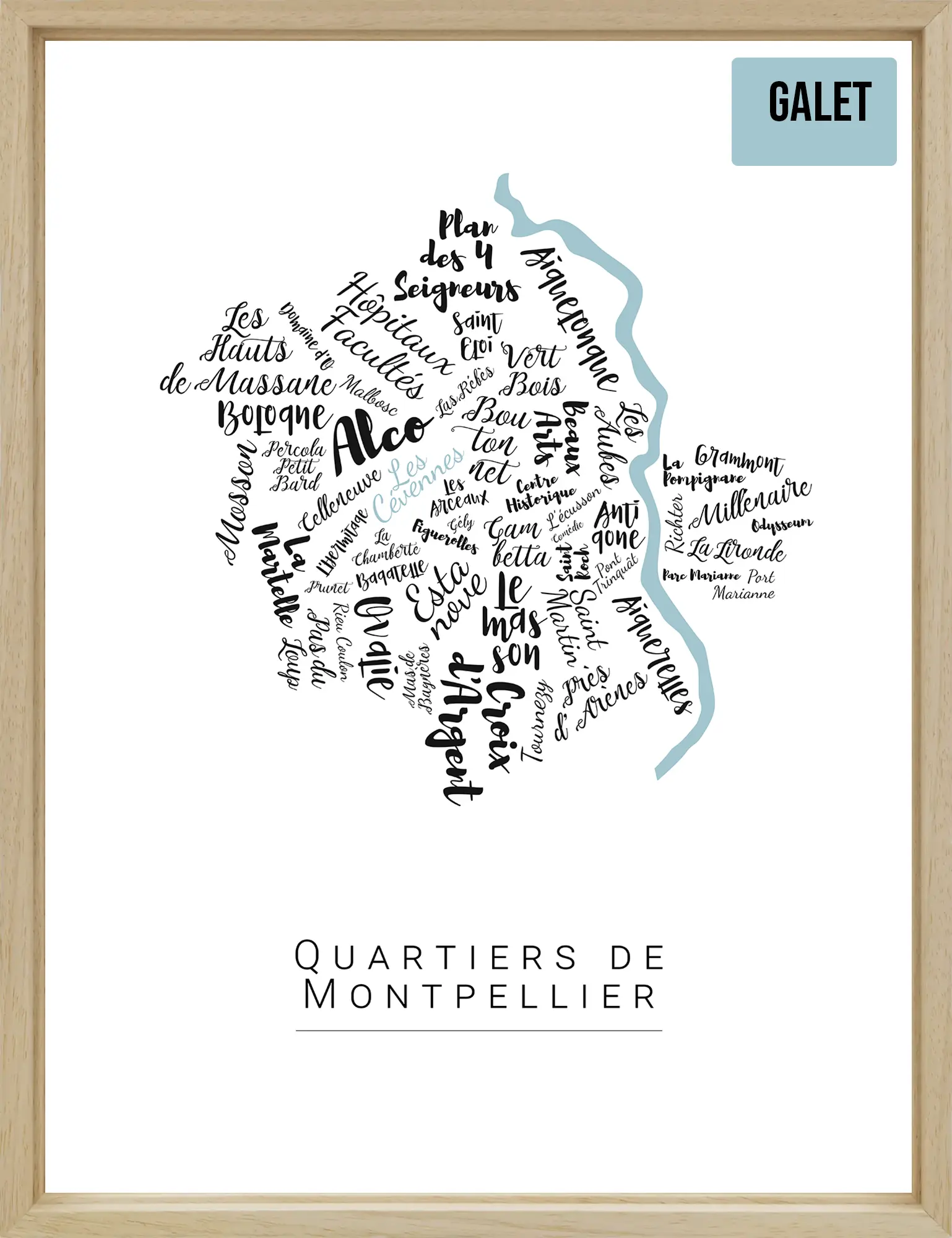 Affiche Montpellier avec les noms des quartiers personnalisée - Affichéo