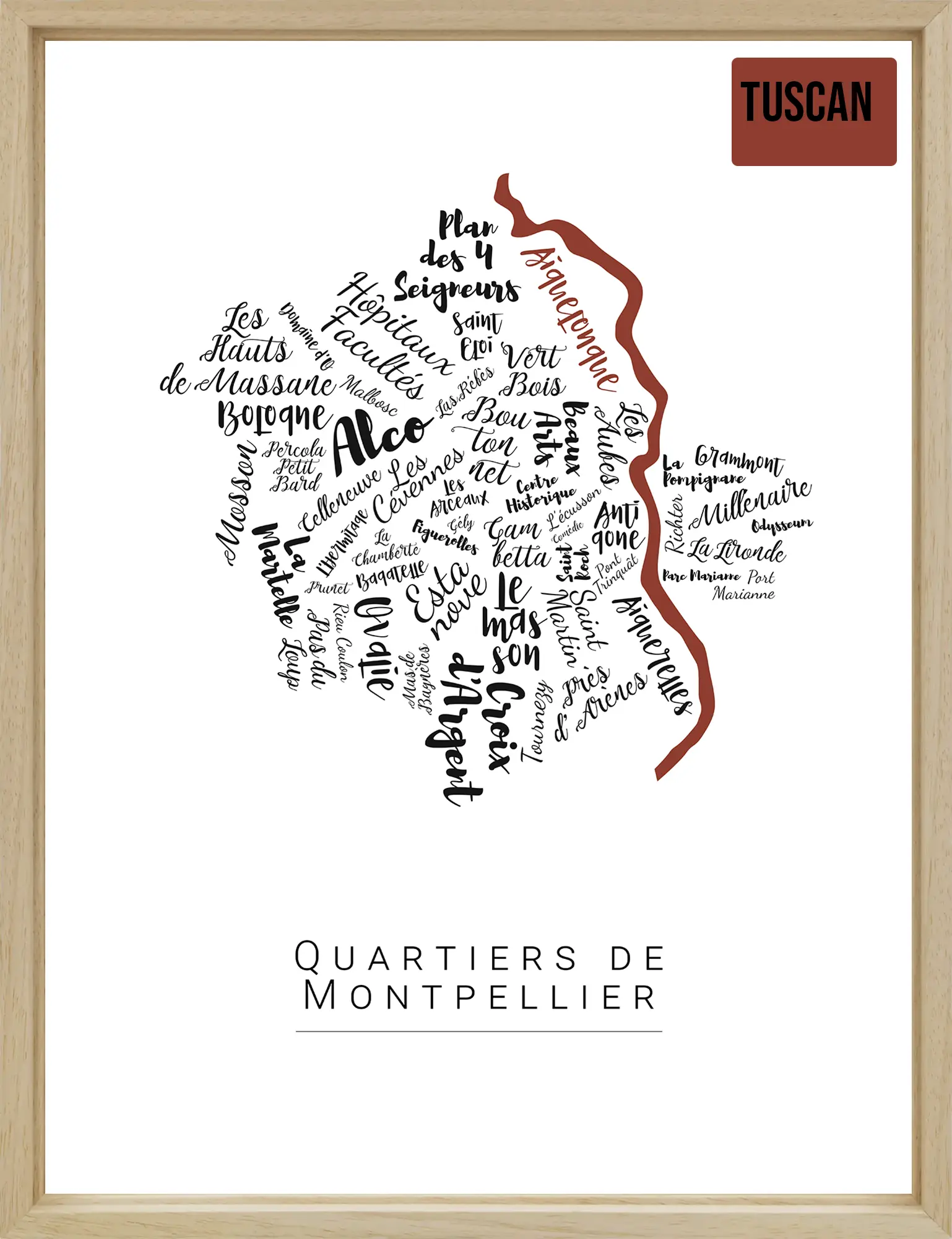 Affiche de Montpellier avec les noms des quartiers personnalisée - Affichéo