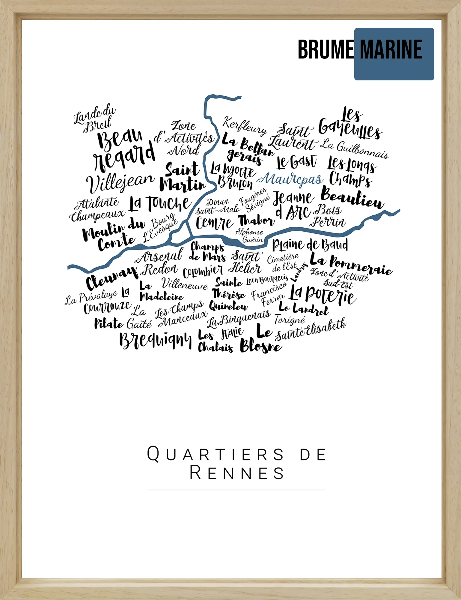 Affiche Rennes avec les noms des quartiers personnalisée - Affichéo