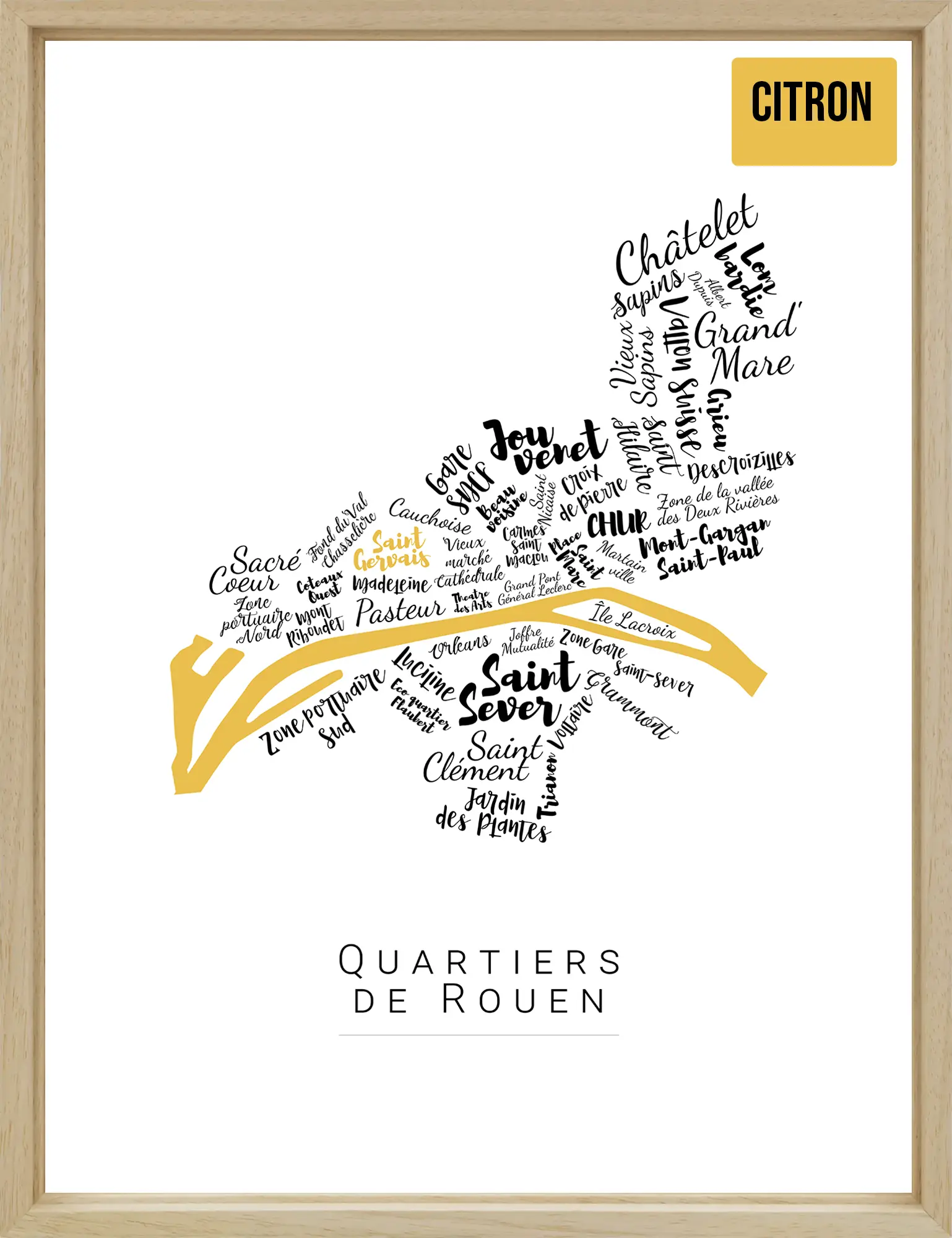 Affiche Rouen avec les noms des quartiers personnalisée - Affichéo